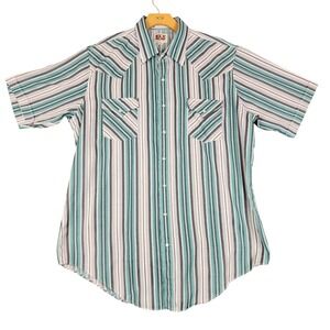 Ely Cattleman Mens XL Tall Western Shirt Turquoise Black White Stripe Pearl Snap